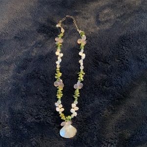 Handmade white, green and blue with mother of pearl shell shaped pendant